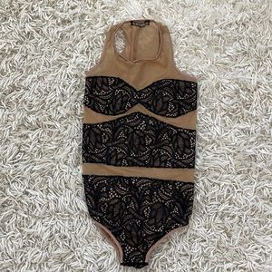 For Love and Lemons Mesh One Piece Swimsuit, size Small, Black/Tan